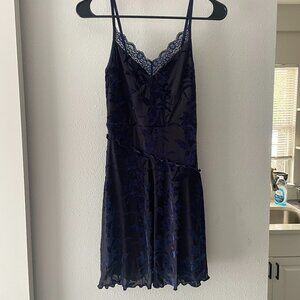 Cider Navy Blue Mesh Mini Dress Lace Trim
